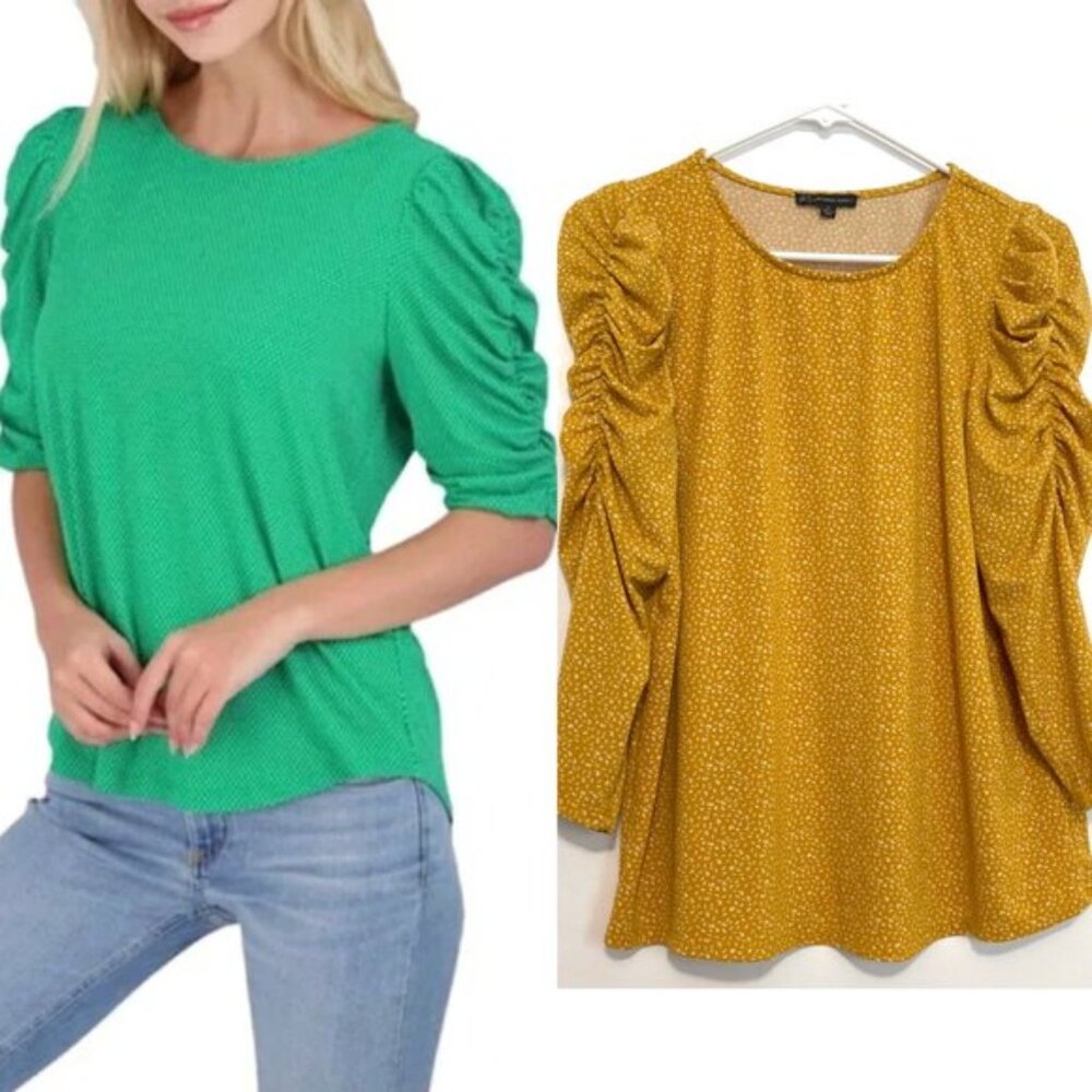 ADRIANNA PAPELL Caterpillar Sleeve 3/4 Sleeve Top Mustard Golden Yellow Printed